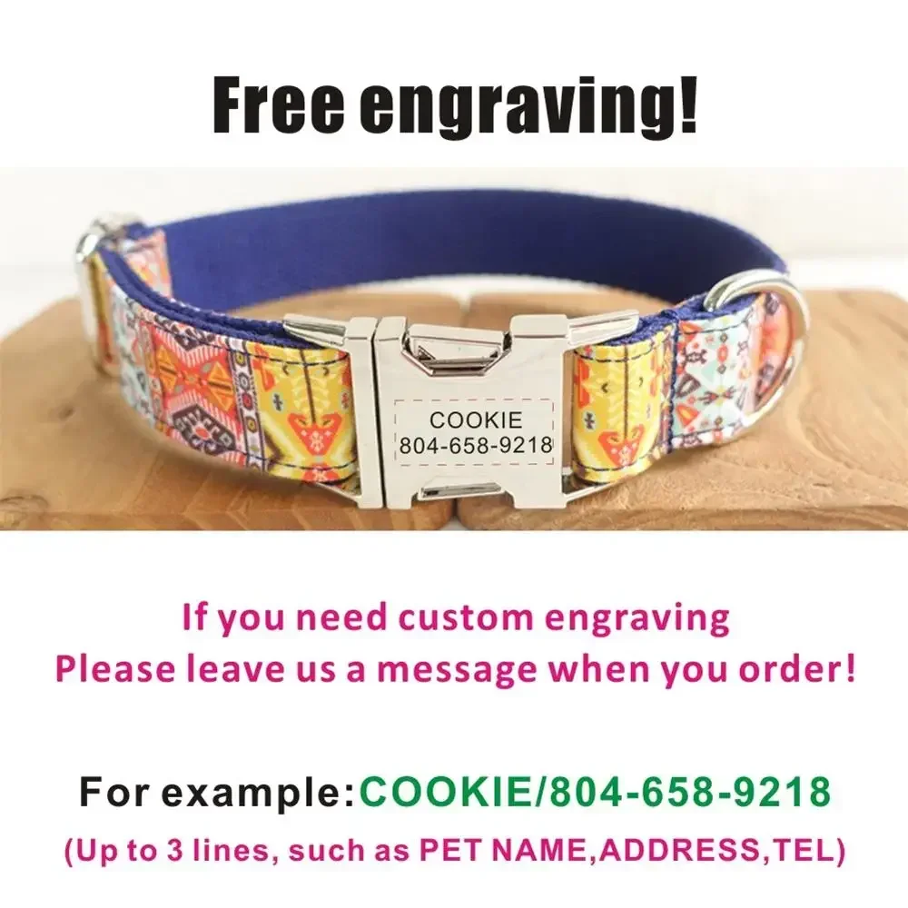 Collar de perro personalizado, correas a juego, contactos de nombre de identificación personalizados, hebilla de Metal, collares ajustables con estampado étnico azul para perros y mascotas - imagen 4
