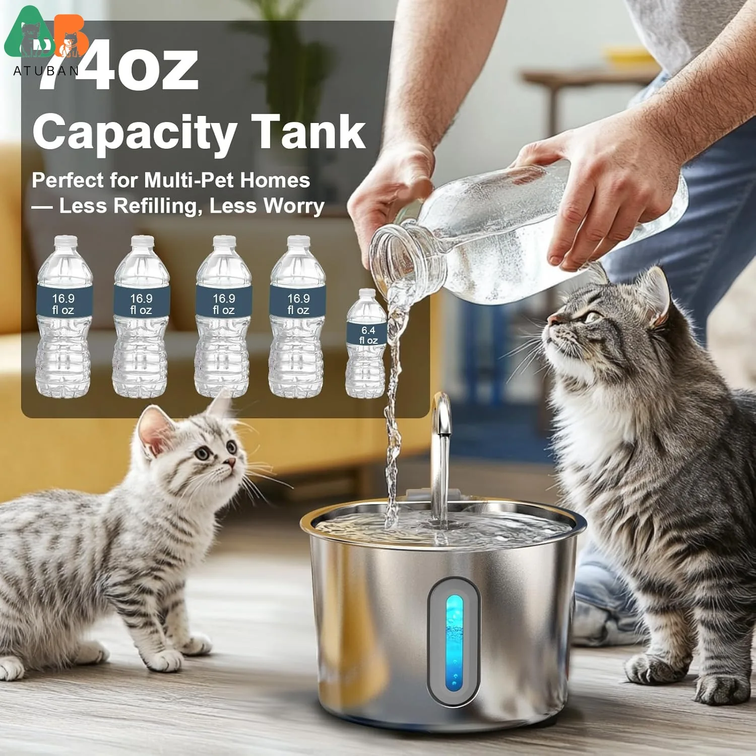 Fuente de agua para gatos silenciosa automática de acero inoxidable - imagen 2