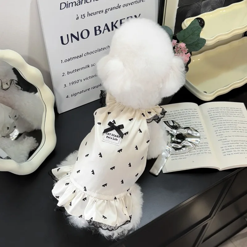Bonitos vestidos de verano con lazo para mascotas, pijama suave de encaje para perros, mono, ropa de casa de seda, pijamas para perros pequeños, gatos, ropa para mascotas - imagen 5