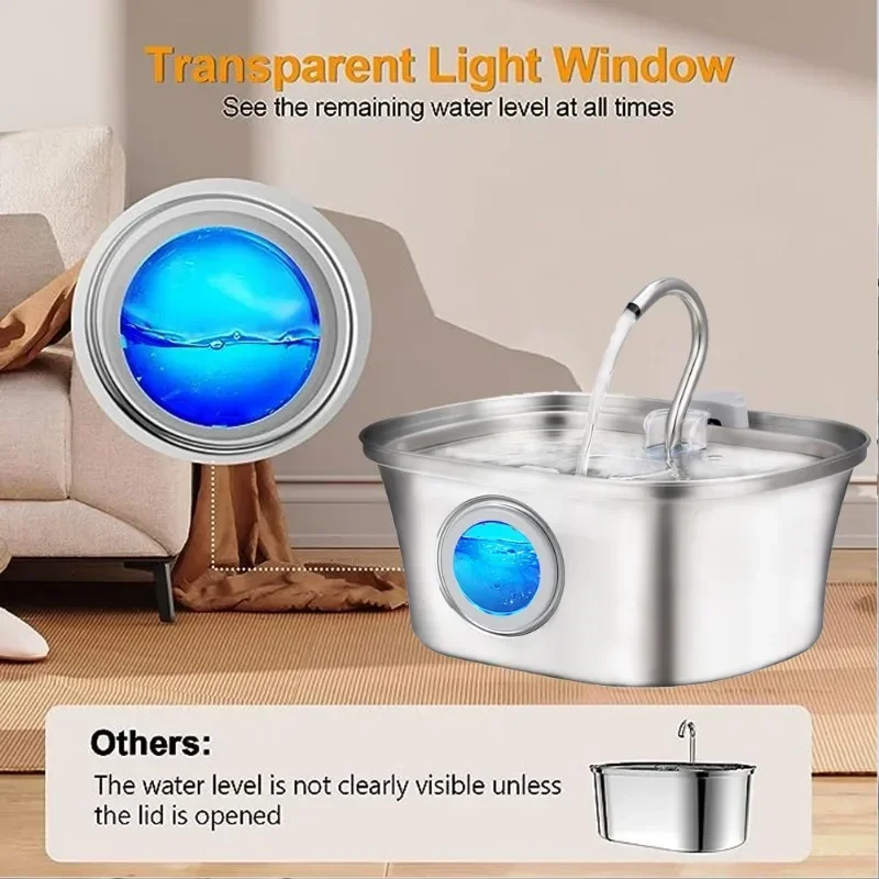 Fuente de agua para gatos con ventana de nivel de agua, fuente para perros con forma de barco de acero inoxidable de 3,2 L, dispensador de agua para mascotas, productos para gatos - imagen 3