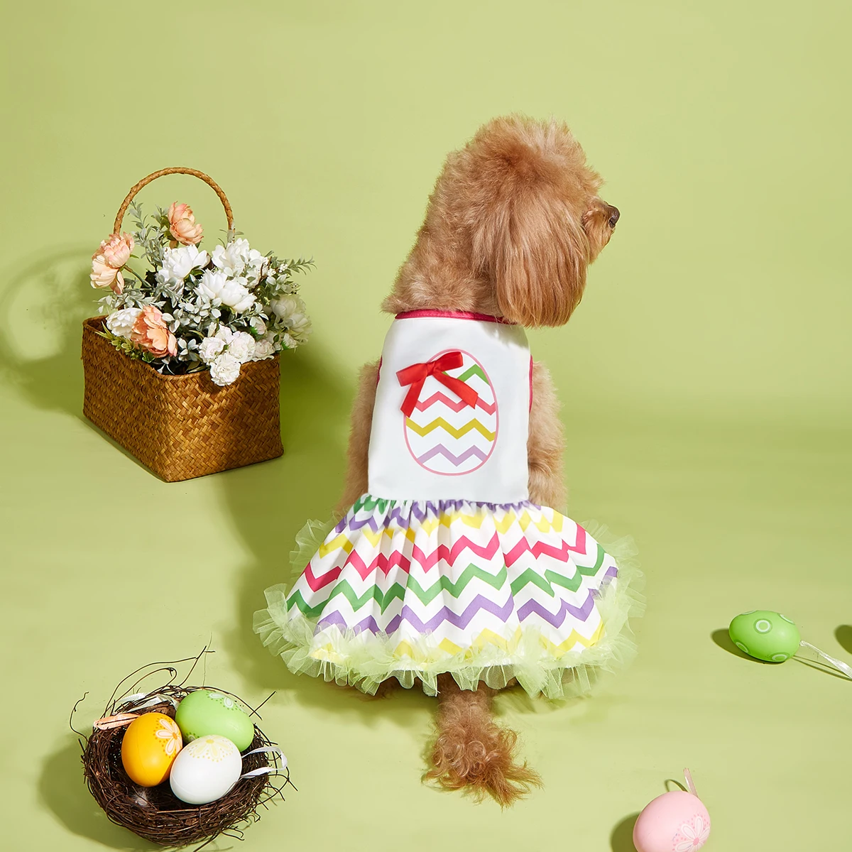 Vestido de Pascua para mascotas con huevo y lazo coloridos, falda de tul arcoíris, cintura elástica, lindo traje para cachorros, ropa de moda para perros pequeños