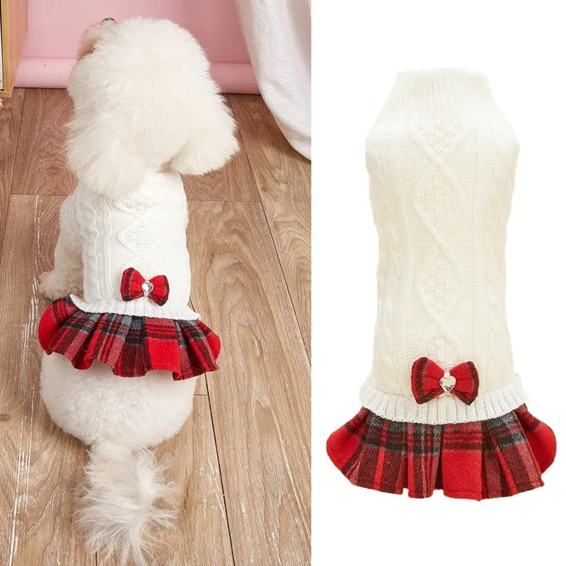 Vestido de piel para mascotas, suéter de punto blanco y gris, falda a cuadros con lazo empalmado, abrigo de lana, ropa de Navidad para perros y cachorros - imagen 2