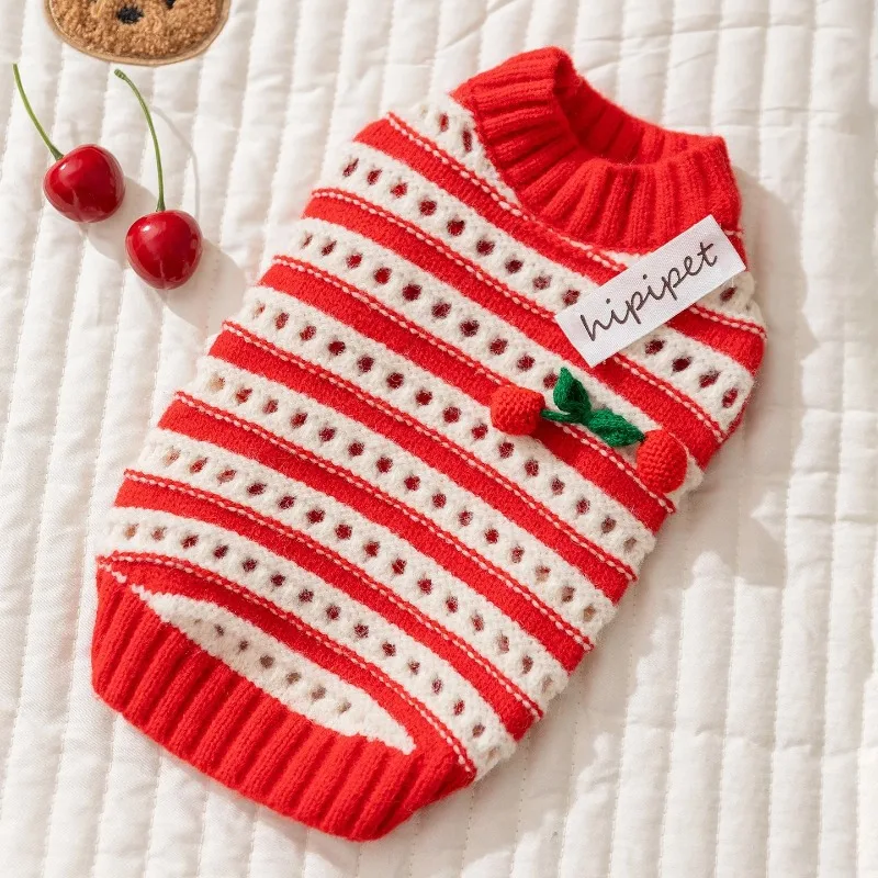 Ropa bonita de cereza para perros, suéter de Navidad para cachorros, ropa para perros, Sudadera con capucha de peluche cálida, suéter de punto para invierno, rayas clásicas - imagen 5