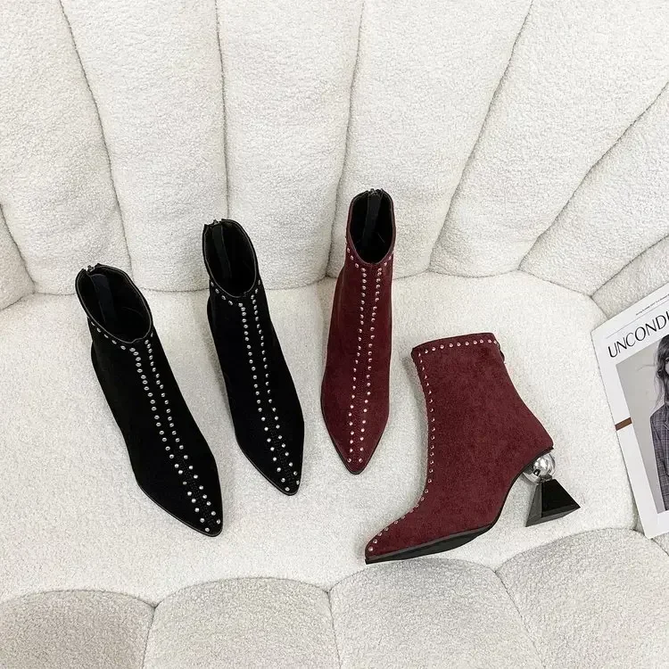 Botines de tacón alto para mujer, botas cortas con cremallera trasera, puntiagudas, puntiagudas, estilo Punk, de diseñador, primavera y otoño, 2024 - imagen 5