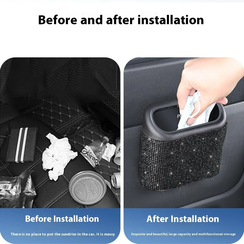 Bote de basura para coche con incrustaciones de diamantes de imitación artificiales con 60 bolsas de basura especiales, caja de almacenamiento colgante para Interior de coche con tapa automática, accesorios multifuncionales para coche - imagen 4