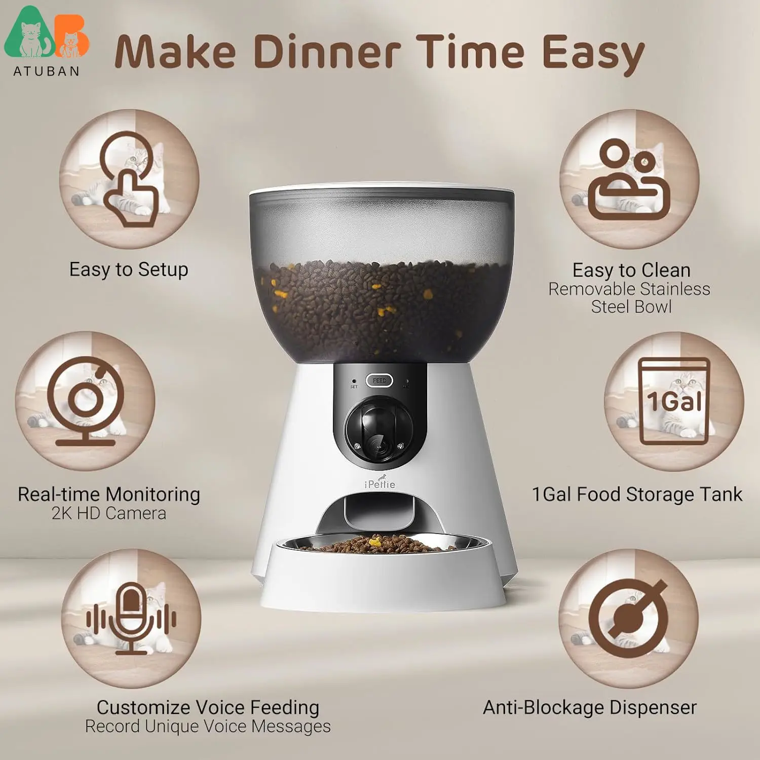 ATUBAN Comedero automático para gatos con cámara, comedero para mascotas WiFi 5G, vídeo HD con visión nocturna, dispensador de alimentos secos para gatos y perros pequeños - imagen 3