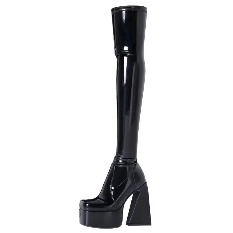 Botas altas hasta el muslo con tacones altos piramidales negros para mujer, zapatos de fiesta por encima de la rodilla blancos con plataforma Sexy, talla grande 43 de alta calidad - imagen 3