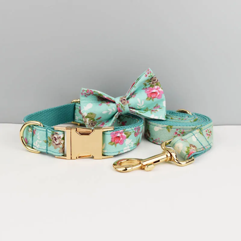 Collar de perro personalizado, conjunto de correa, collares de perro personalizados, Collar de perro de algodón suave con flores de lujo, correas, arnés, lazo flower08 - imagen 2