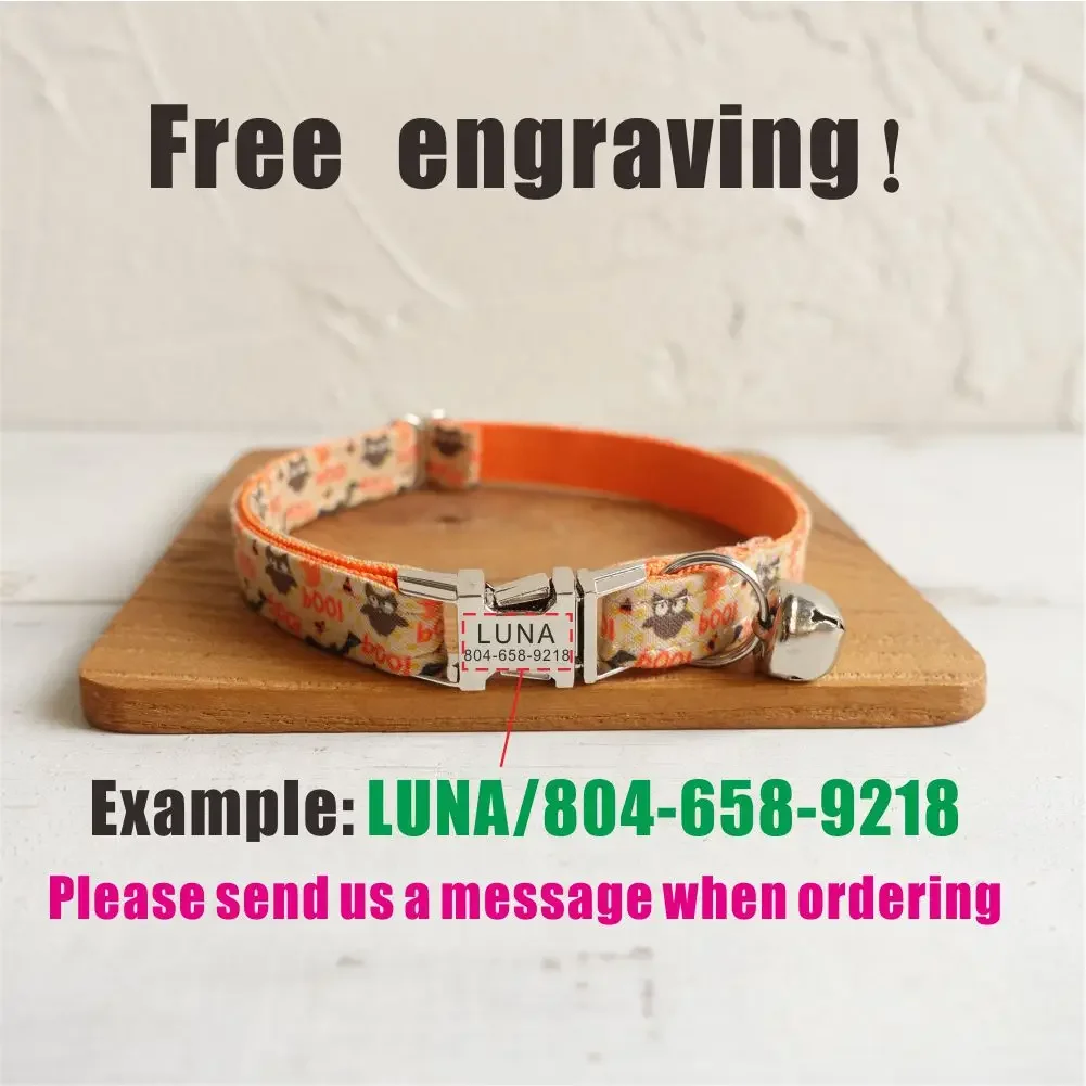 Collar de gato personalizado con grabado gratuito, correa para mascotas a juego, hebilla de Metal de contactos personalizados, Collar para mascotas de murciélagos de Halloween