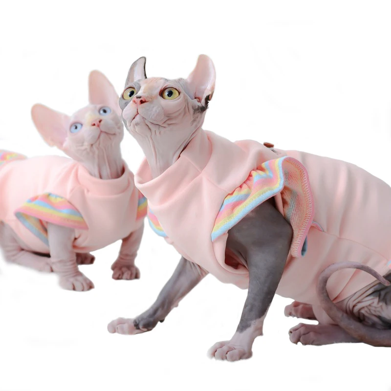 Sphynx Ropa para gatos sin pelo para primavera y otoño, lindo vestido de algodón con mangas con volantes de arcoíris, ropa para mascotas, disfraz, vestido para gato para gatito