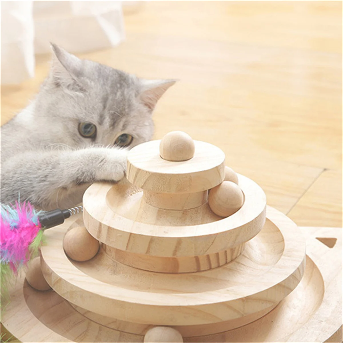 Torre de juguete de madera para Gato de 2/3 niveles, pistas de disco, diversión de inteligencia para gatos, disco de juego Triple, juguetes para gatos, juguetes de entrenamiento de pelota - imagen 3