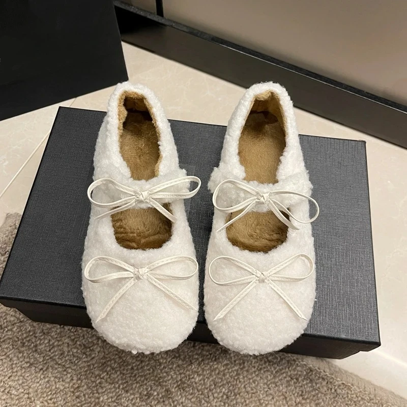 Zapatos planos de Ballet de lana de cordero con lazo para mujer, mocasines cálidos de felpa para invierno, zapatos Mary Jane con punta redonda de piel para mujer - imagen 3