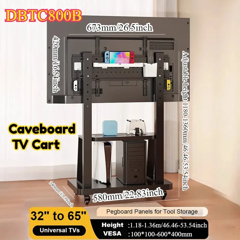 Carro de TV extraíble de alta resistencia para pantalla de 32-65 pulgadas, soporte de TV de pie ajustable, con ruedas de bloqueo, tablero envolvente de alambre - imagen 5