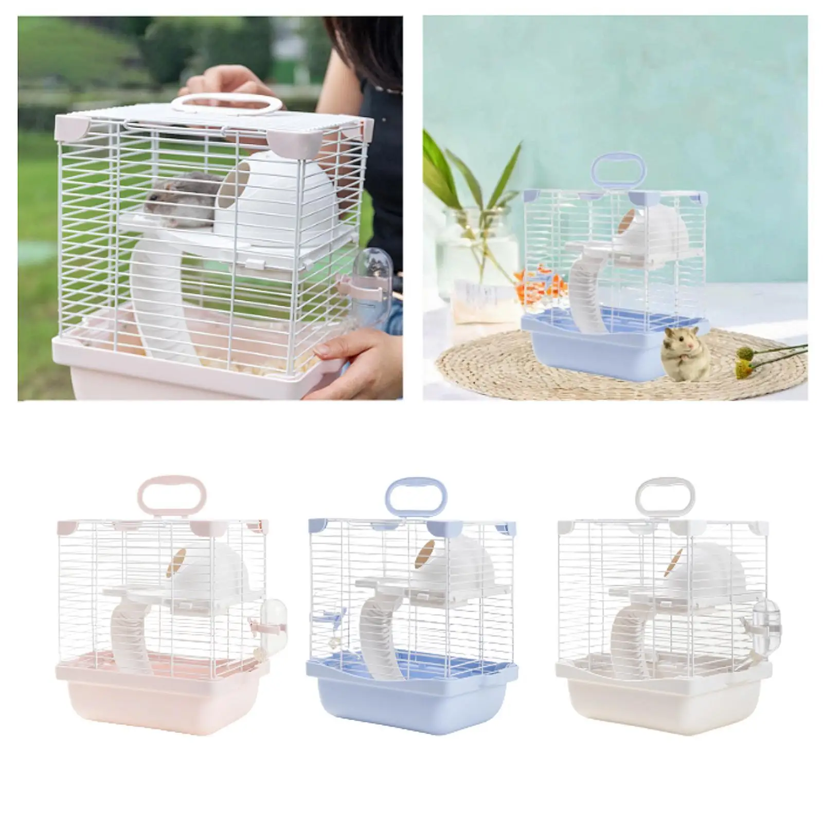 2 Tiers Hamster Cage Enclosure Portable for Mouse Rat with Water Bottle, Food Bowl High Chassis Design Versatile 7.4x9x11inch