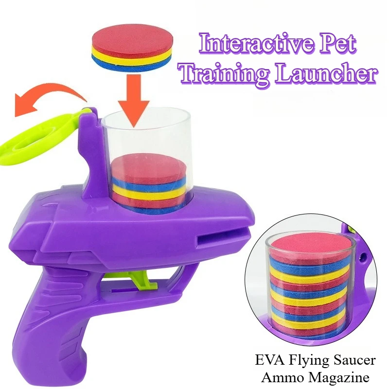 Lanzador de pistola de juguete para mascotas con discos voladores de espuma, juguete interactivo para perseguir perros y gatos, juego de discos reutilizables coloridos, divertido juego de caza