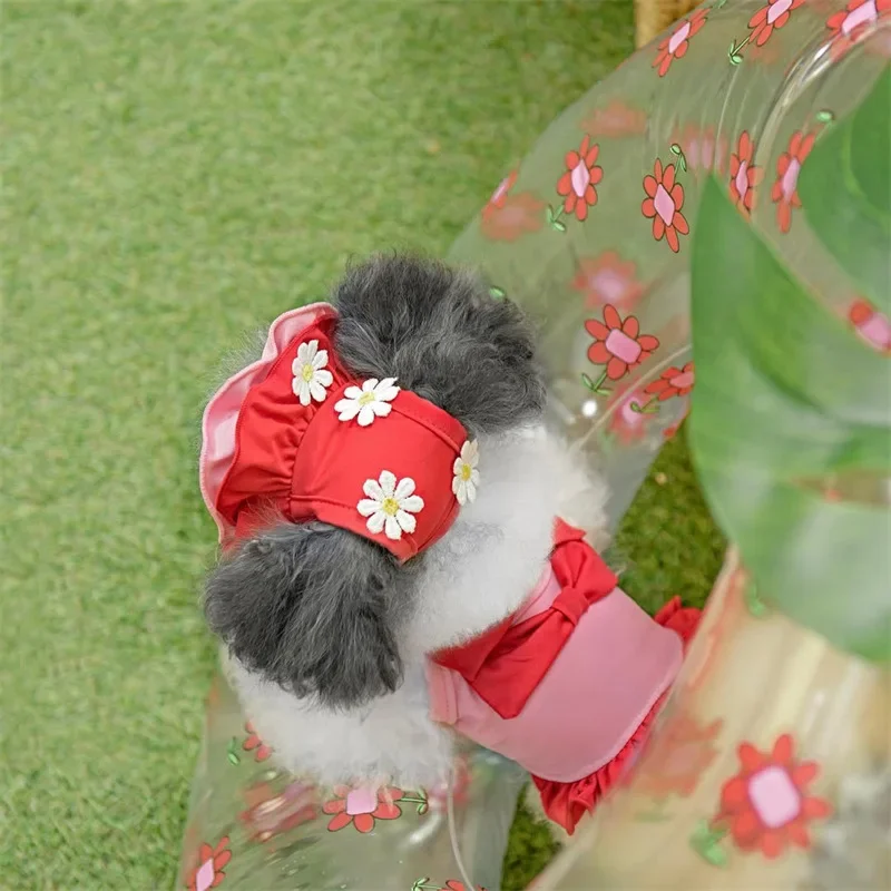 Ropa de margaritas para mascotas, camisetas con lazos para perros, camisetas sin mangas, trajes de baño para perros pequeños y medianos, suministros universales, sombrilla, sombreros de flores - imagen 4