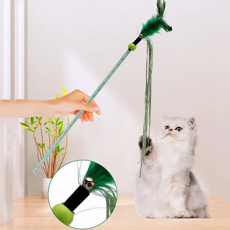 Juguete interactivo con borla para gato, palo Teaser de pluma con campana, suministros para mascotas - imagen 2