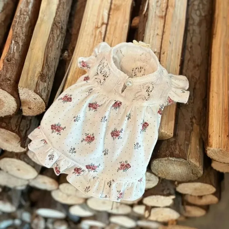 Ropa para perros Ins, falda de flores, mangas voladoras de verano para perros, elástico, Vintage, flor fragmentada, camiseta sin mangas bonita para mascotas, vestidos para cachorros - imagen 3