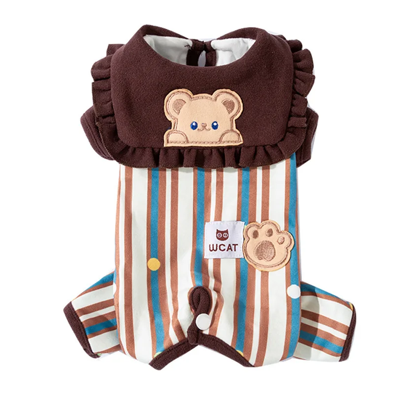 Otoño Invierno mascota cuello de encaje cuatro patas vientre ropa pijamas de invierno perro pequeño camisa inferior a rayas ropa para cachorros - imagen 5