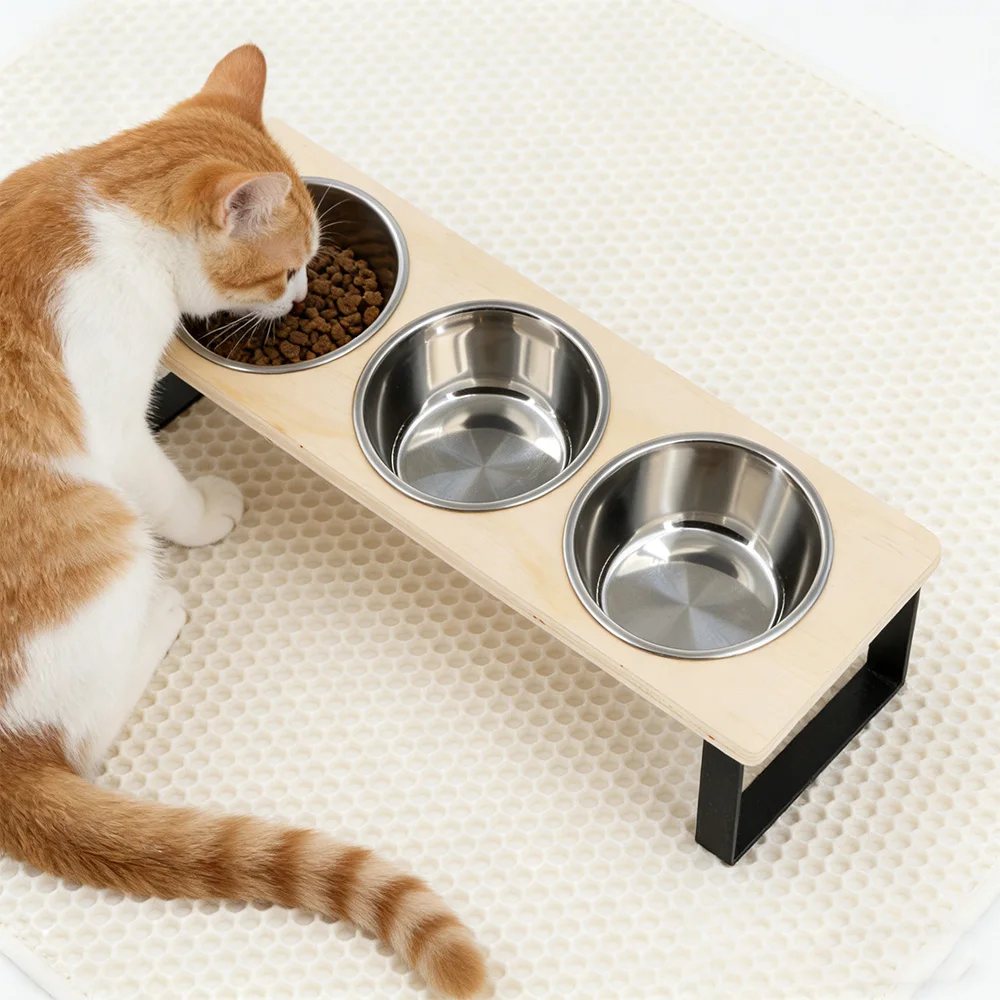 Comedero elevado de madera con cuencos de acero para gatos - imagen 3
