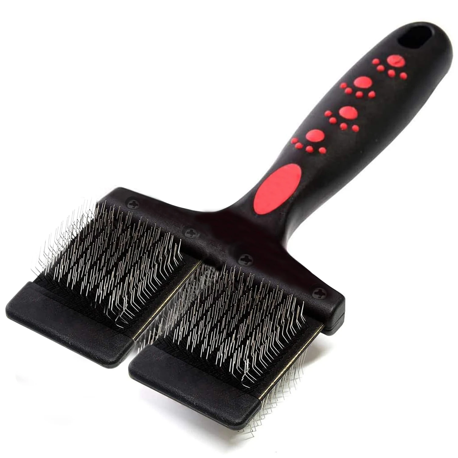 Cepillo rebanador flexible firme de doble cara para mascotas de Taakcc, grado profesional, pasadores de acero inoxidable en ángulo, limpieza de despedida