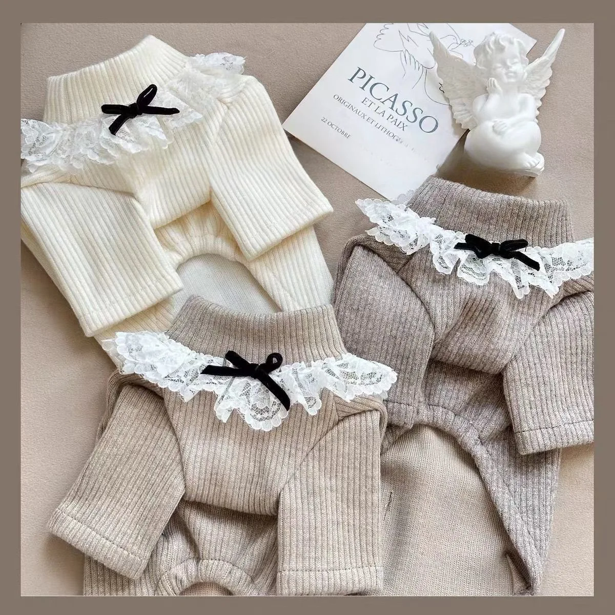 Ropa de invierno de encaje para mascotas, camisa con Base Floral de cuello alto, ropa de casa para perros, camisa Base para perros y gatos pequeños y medianos, ropa para cachorros - imagen 3