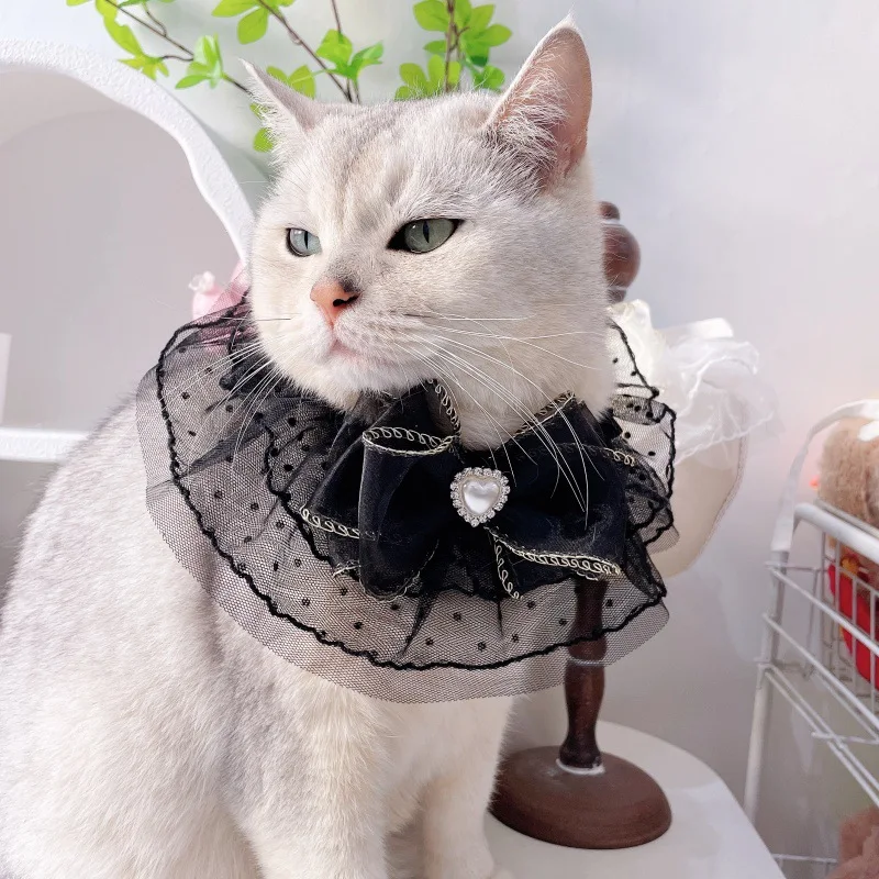 Bufanda de malla con lazo de primavera para mascotas, Collar dulce con tachuelas de perlas, pajarita de diamante, decoración, accesorios para perros pequeños - imagen 4