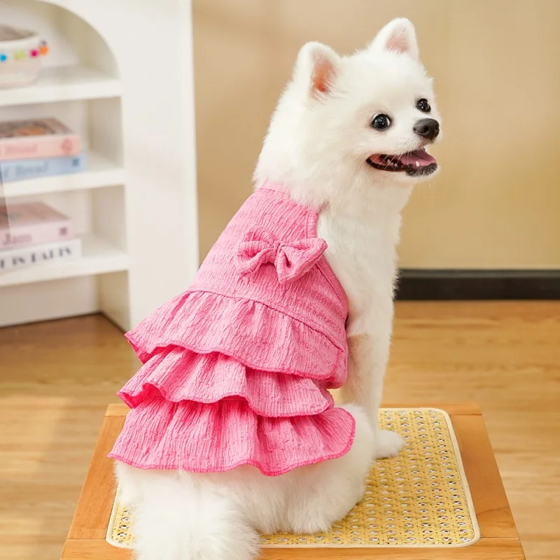 Vestido de verano para mascotas para perros pequeños, falda de princesa con lazo de lujo para mascotas, ropa bonita y sólida para cachorros, vestido con tirantes para gatos, ropa para perros Yorkshire - imagen 3