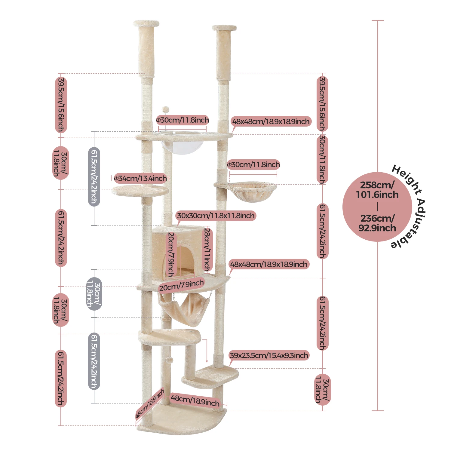 Floor to Ceiling Cat Tree Adjustable Cat Tower Tall Kitty Climbing Play House with Scratching Posts Cozy Condo Perches Hammock - imagen 3