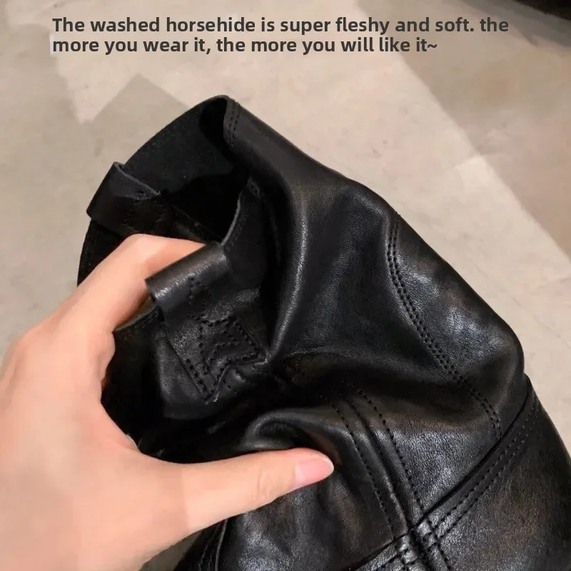 Botas de moto con muesca en V y cabeza redonda puntiaguda para mujer, versión de cuero, botas cortas de vaquero del oeste con tacón grueso - imagen 2