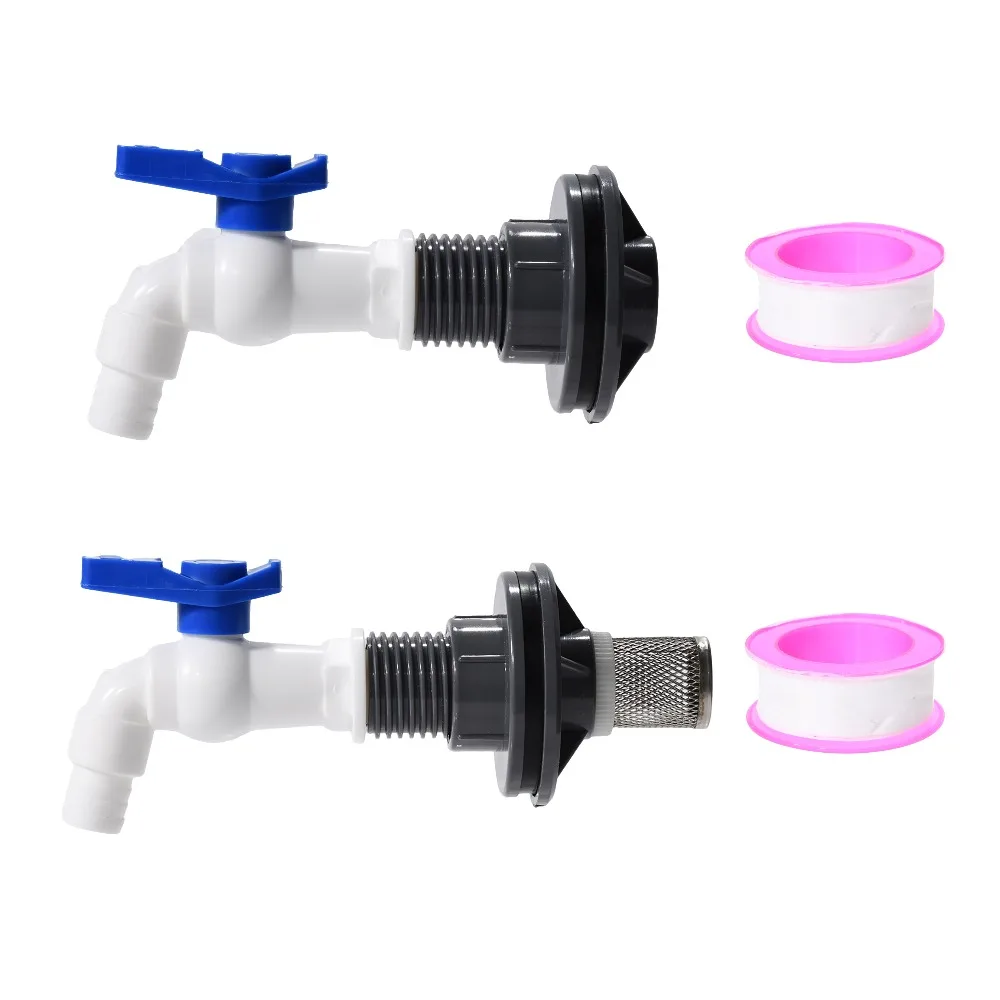 1 Juego de grifo con filtro, Kit de válvula de barril de lluvia de PVC, conector de manguera de riego para ganado y acuario, adaptador de drenaje
