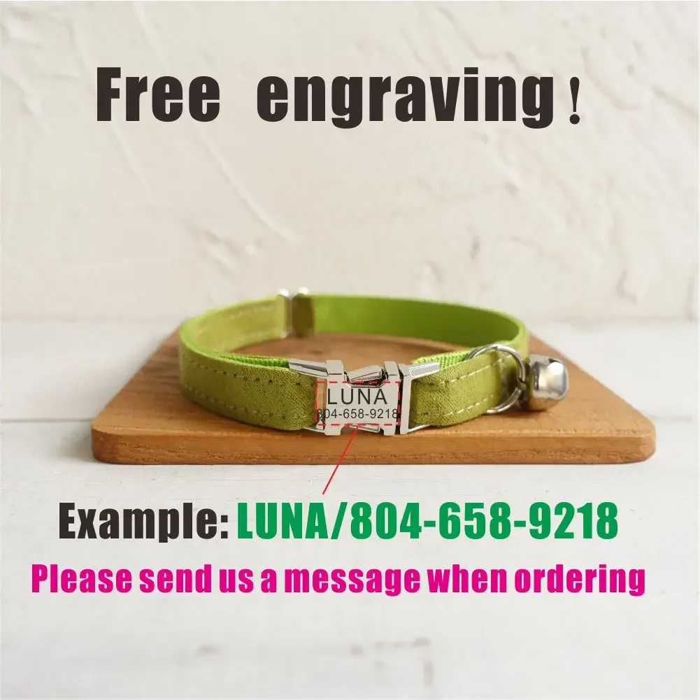 Collar de gato personalizado, contactos de nombre de identificación personalizados, hebilla de metal, collares de gato de terciopelo verde claro ajustables con campana - imagen 4