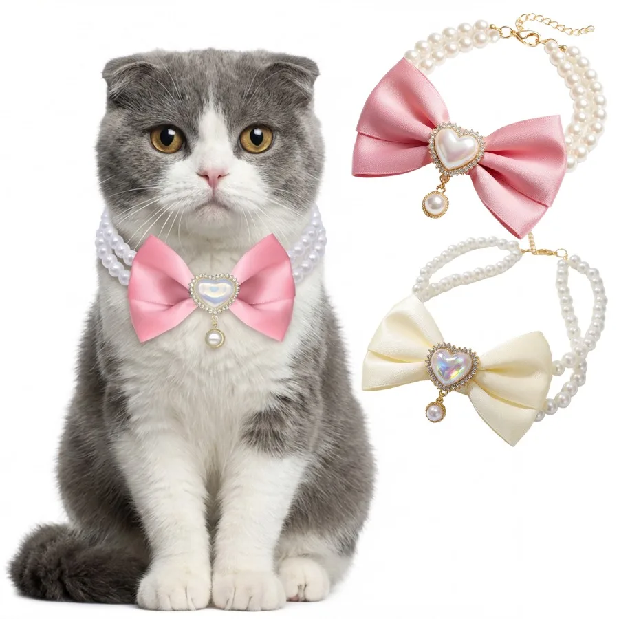 Collar perlas lazo rosa corazón cristal para gatos y perros pequeños - imagen 2