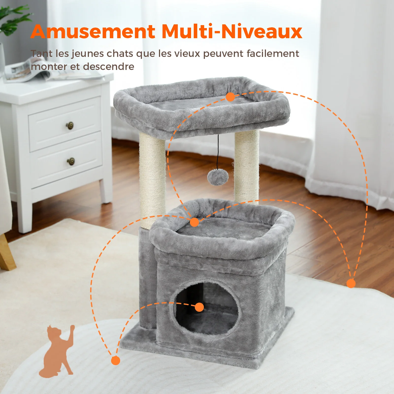 Torre de árbol para gatos pequeña con condón espaciosos, poste rascador, hamaca acogedora, pompón para 1-3 gatos de interior, accesorios para gatos, muebles para gatos
