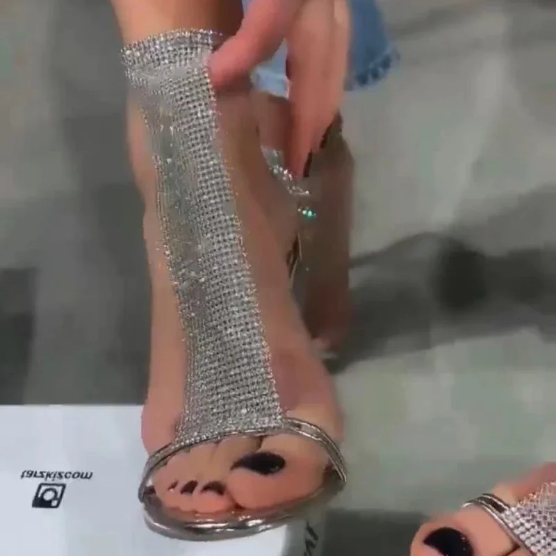 Sandalias de tacón alto con lentejuelas para mujer, zapatos brillantes con punta abierta, de lujo, para verano, 2022