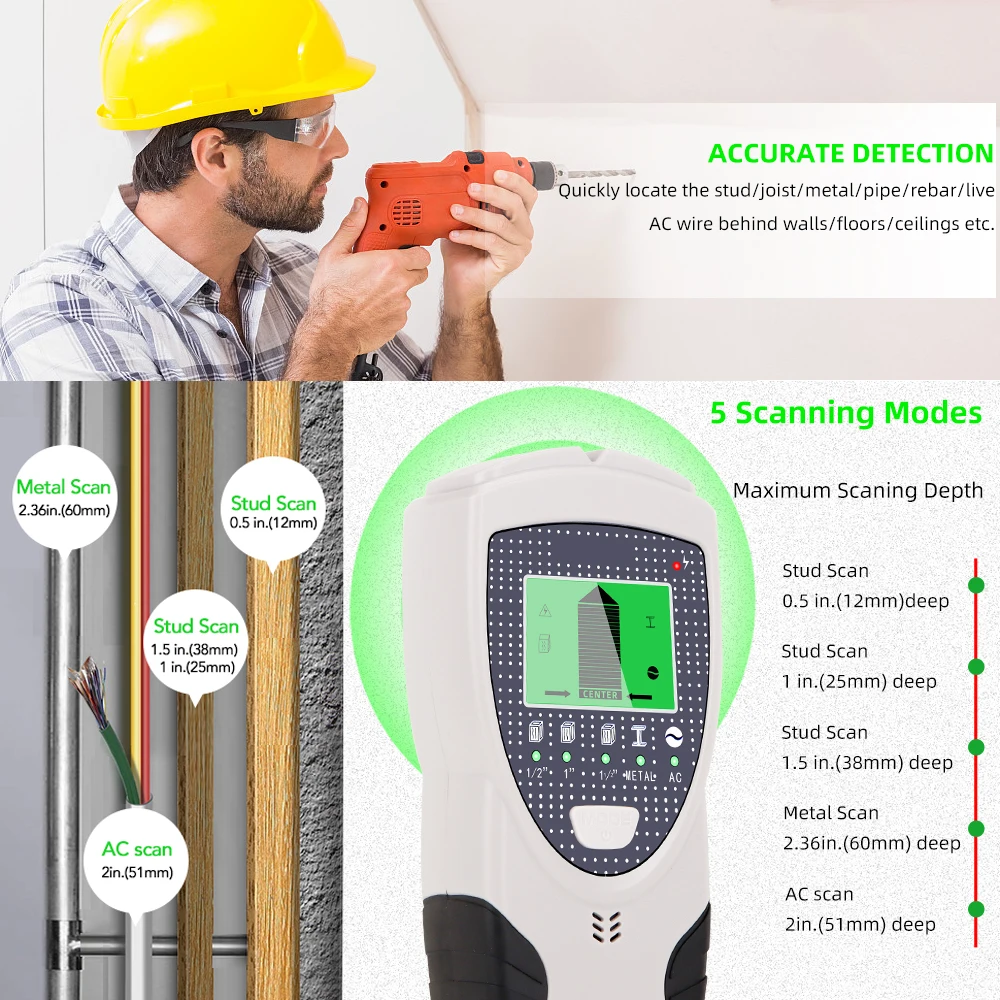 Detector de Metales de pared multifunción 5 en 1, tachuelas de madera y Metal portátiles, detección de cables vivos, escáner de pared, buscador de profundidad eléctrico - imagen 4