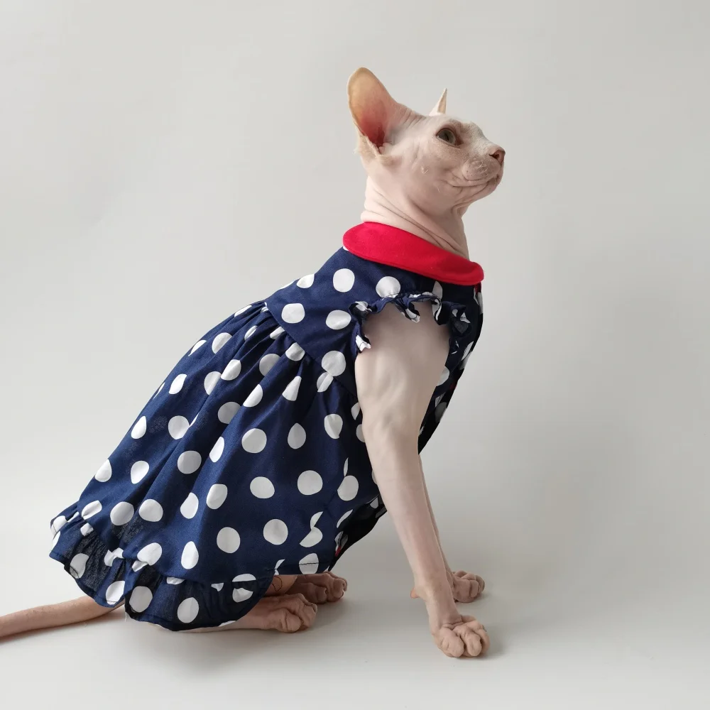 Vestido de princesa azul marino con cuello rojo fino de verano para gato esfinge Falda de lunares para Devon Camisa de tela fresca rizada para gata hembra - imagen 4