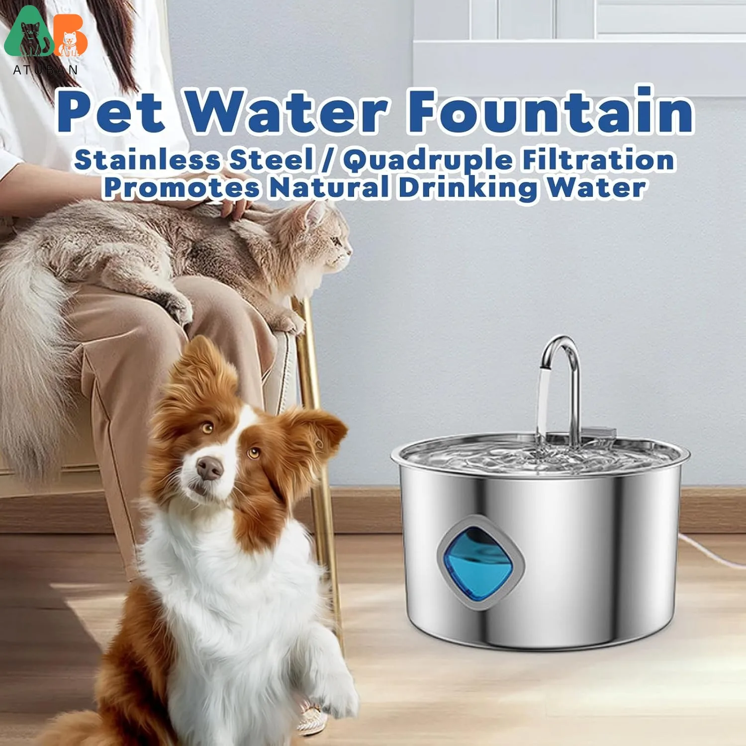 Fuente de agua automática para gatos, 3,2 L, acero inoxidable - imagen 2