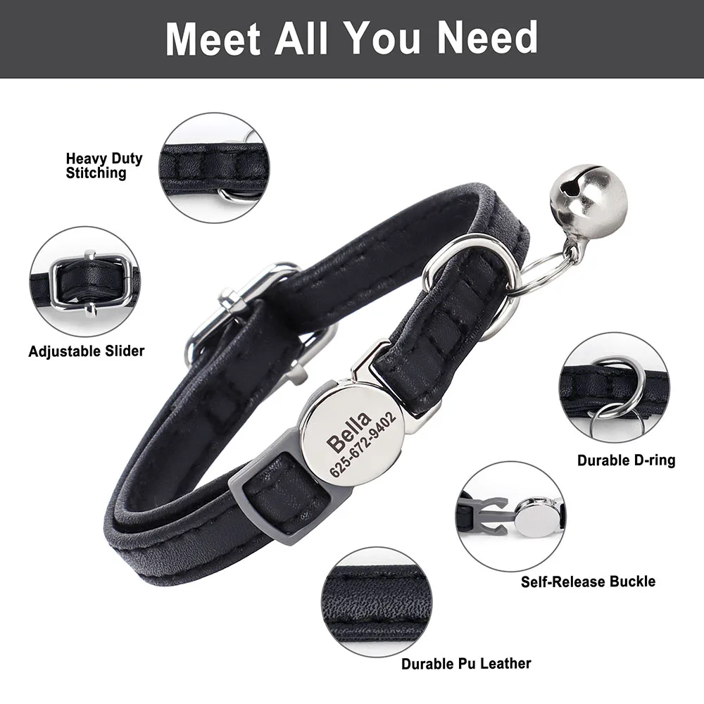 Collar de gato personalizado, collares de cuero PU para cachorros y gatitos, Collar con placa de identificación grabada gratis con campana para gato antipérdida - imagen 2