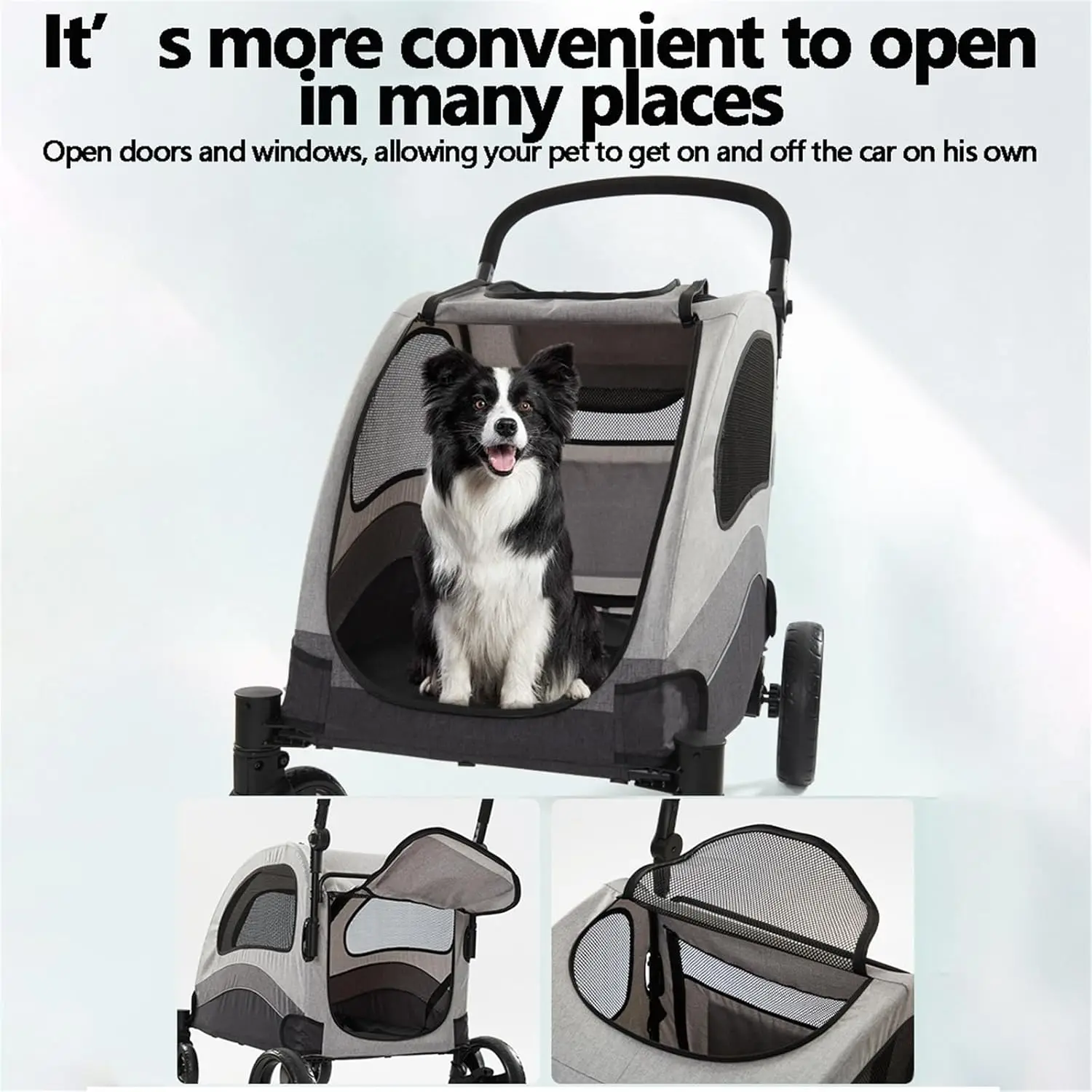 Cochecito grande para mascotas, transportador de perros de 4 ruedas con frenos, cochecitos de viaje portátiles para cachorros con ventanas transpirables ajustables para gatos - imagen 3