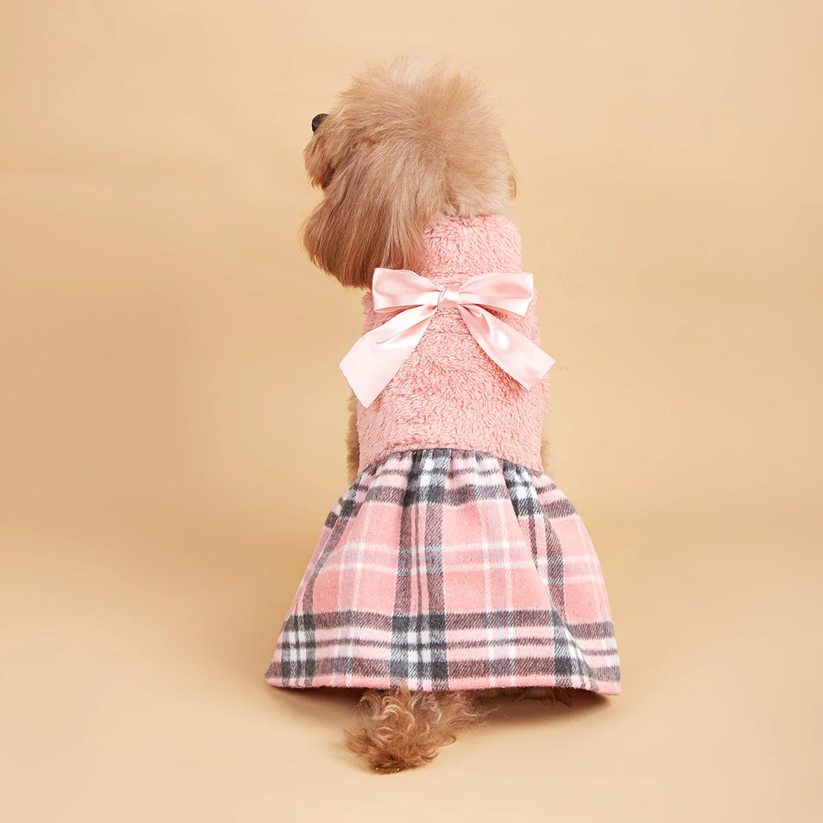 Vestido para perros pequeños, disfraz cálido con estampado a cuadros para cachorros con perrito, ropa para mascotas, ropa con lazo para perros y gatos, uso diario - imagen 3