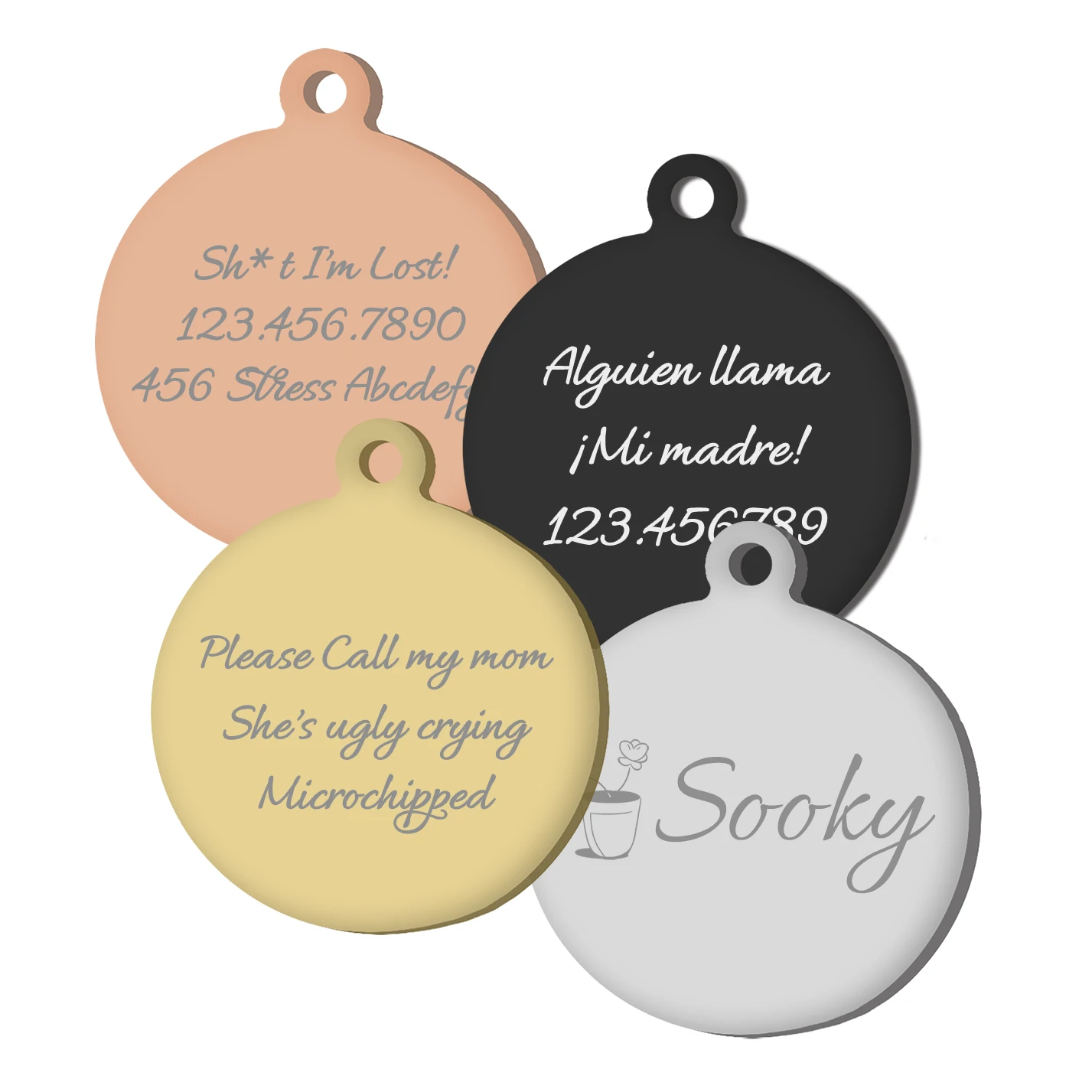 Etiqueta de identificación redonda personalizada para mascotas: acero inoxidable resistente al agua, grabado de texto personalizado con hermosos diseños de flores para perros y gatos - imagen 2