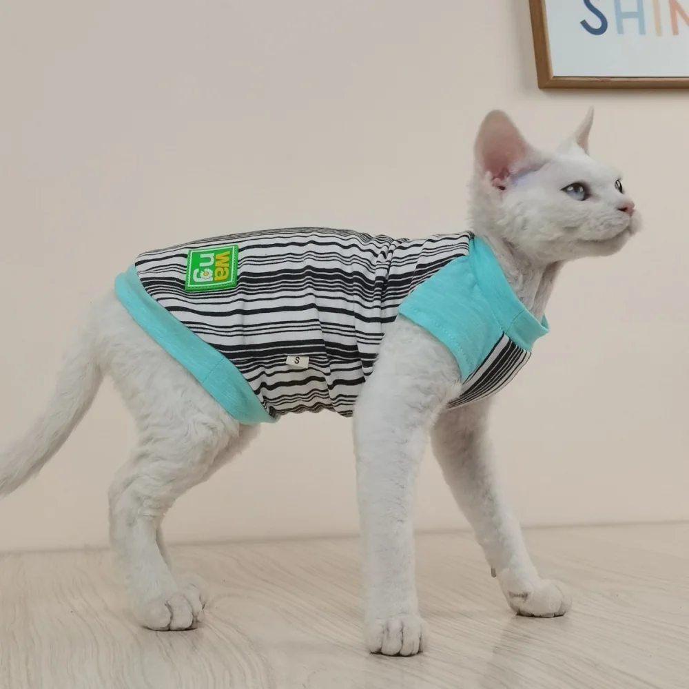 Camiseta deportiva de algodón a rayas para gato Sphynx, abrigo de primavera de manga corta para gatitos, traje para exteriores Devon Rex, moda de verano - imagen 3
