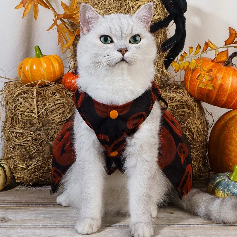 Vestido de disfraz de Halloween de calabaza oscura para niña, chaleco con nudo de lazo negro para gato, monos, velos góticos en capas, ropa para perros pequeños y medianos - imagen 2