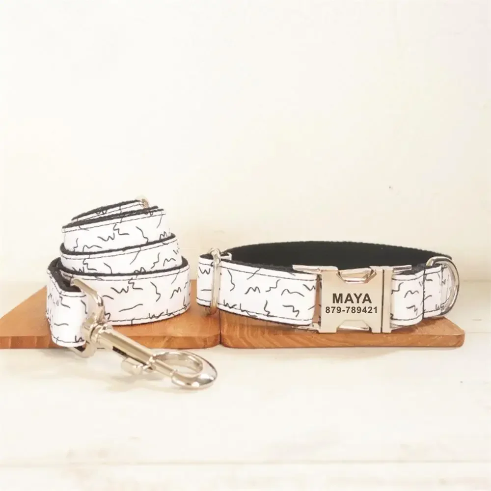 Collar de perro personalizado con grabado gratuito, correa para mascotas a juego, hebilla de contactos personalizados, Collar para mascotas de líneas negras