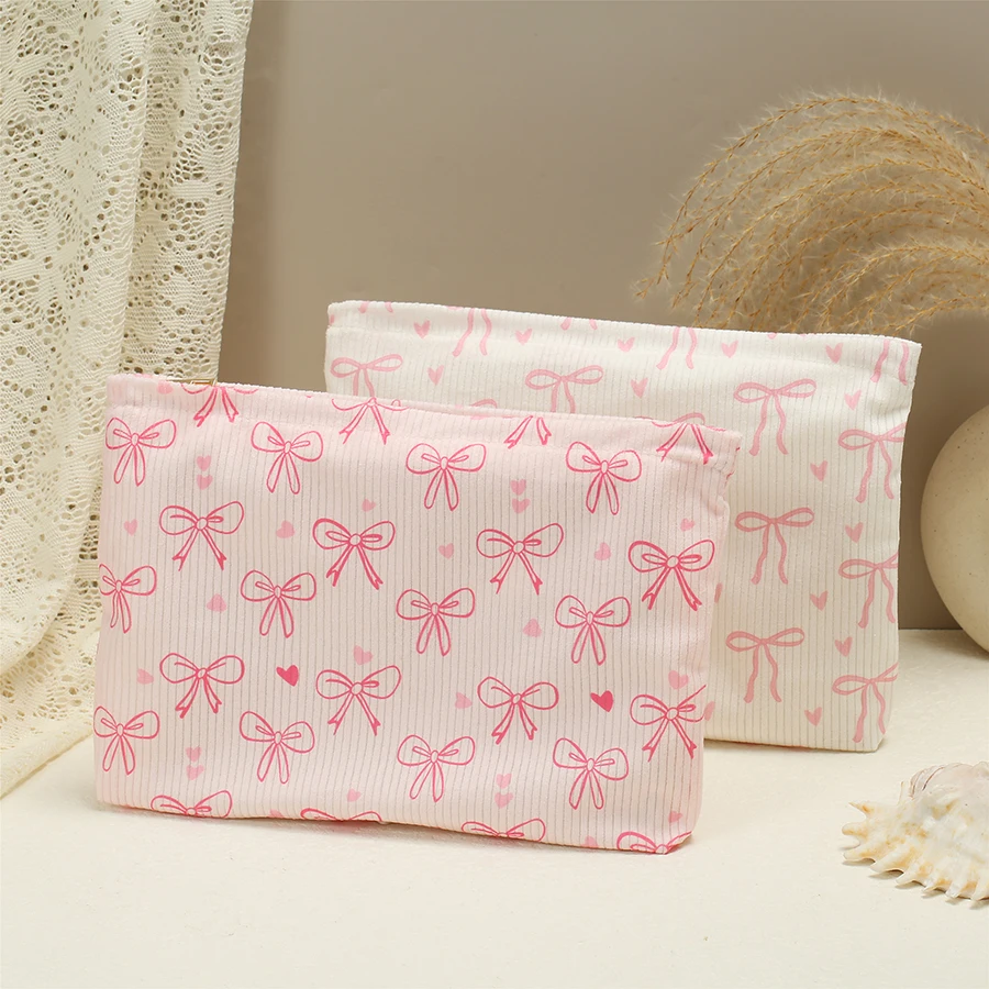 Bolsa de cosméticos con diseño de cereza y lazo, organizador de maquillaje con cremallera de pana, bolsa de almacenamiento de cosméticos dulce de viaje ligera para mujer