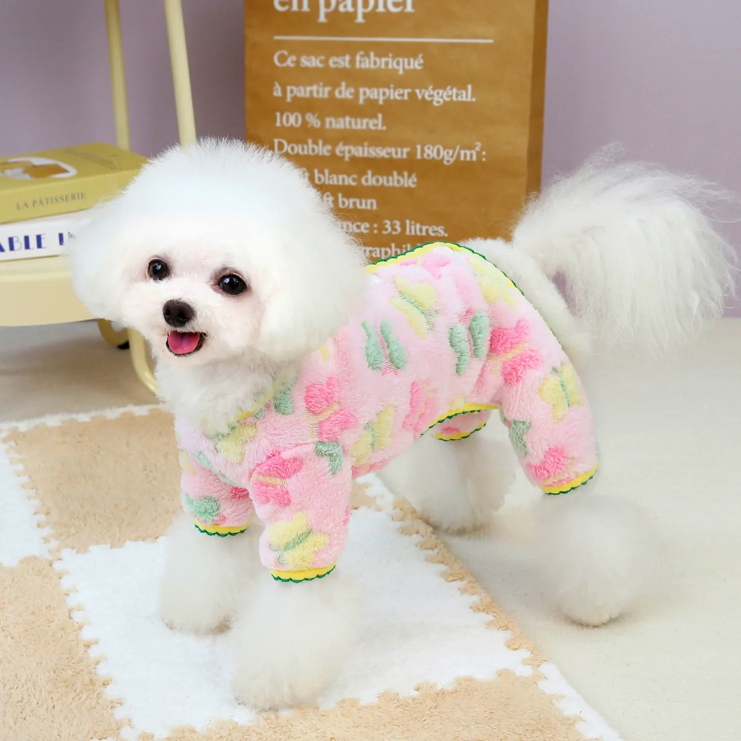 Mono de flores de felpa para mascotas, chaqueta gruesa de lana de cuatro patas, pantalones de cuatro patas, ropa de perro Pomerania, Otoño e Invierno - imagen 3