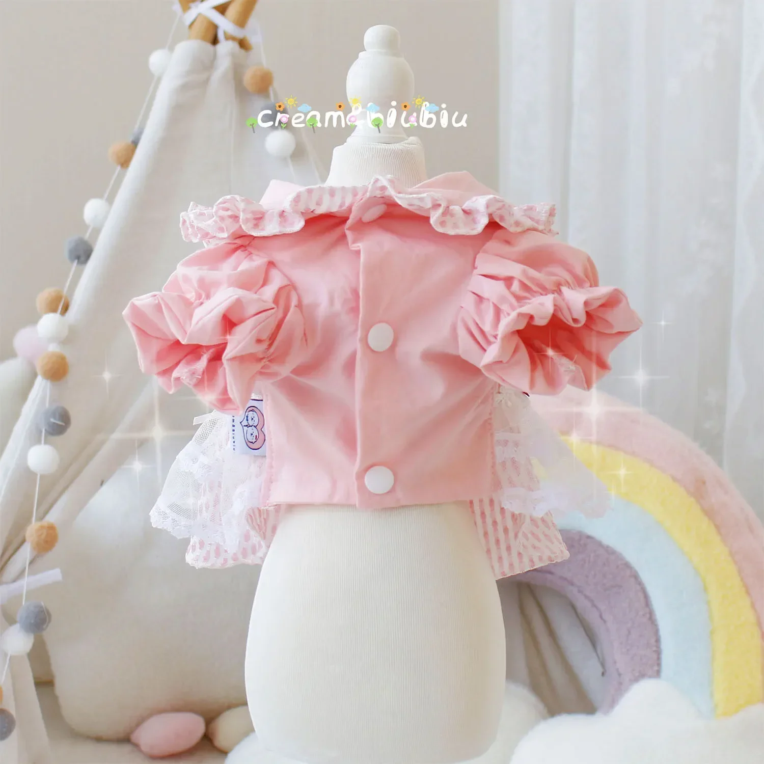 Vestido de encaje Floral con cuello de princesa para mascotas, vestido de malla con manga de burbuja para perros y gatos, vestido de peluche de nube rosa, ropa para perros pequeños - imagen 2