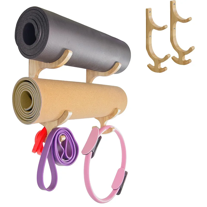 Soporte para esterilla de Yoga multifuncional de madera con 4 ganchos, estante para esterilla de Yoga, montaje en pared para aro de Fitness, banda de resistencia, cuerdas para saltar, gimnasio - imagen 5