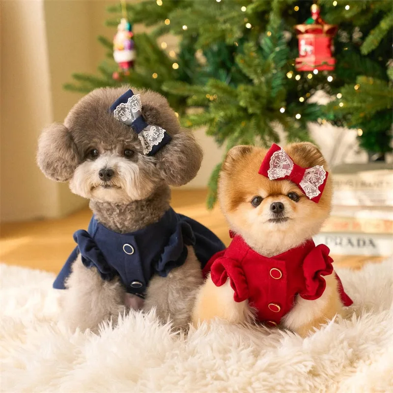 1/Set Pet Christmas Dress New Year Small Medium Sized Dog Cat Double Sided Woolen Bow Dress Bow Dog Clothes for Small Dogs - imagen 2